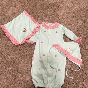 Magnolia baby new born set- gown, hat, burp cloth - never been worn or used